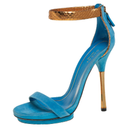 Gucci Blue Gold Suede and Python Leather Kelis Ankle Strap Platform Sandals Women