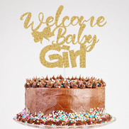 Crseniny Welcome Baby Girl Cake Topper - Glitter Cardboard & Wooden Stick, Gender Reveal & Shower Decoration