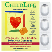 ChildLife Essentials Essentials Omega-3 DHA + Choline SoftChew Gummies Passion Fruit 27 Tablets